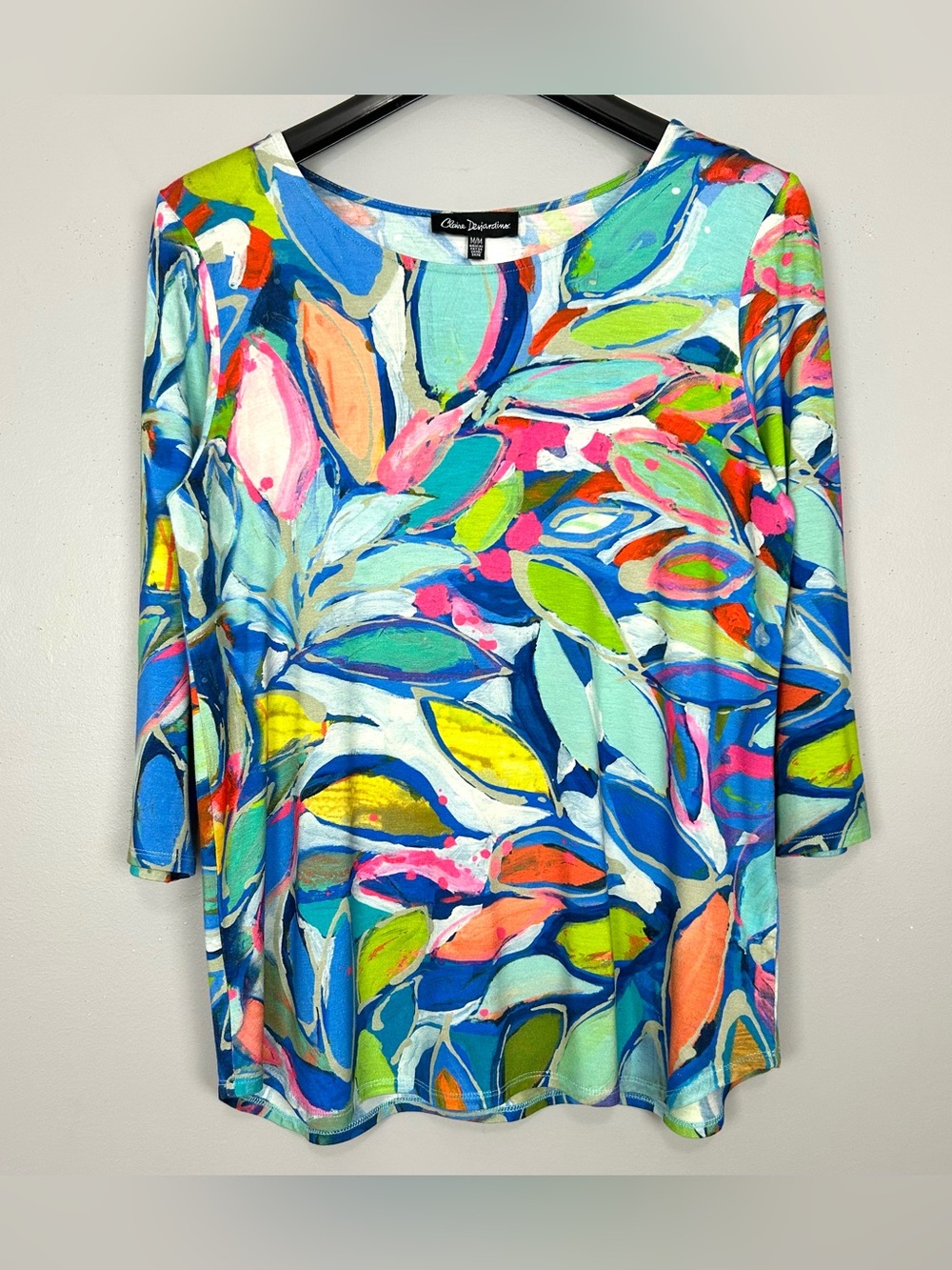 Claire Desjardins Abstract Art Knit Top Women’s Size M Colorful Print Stretch